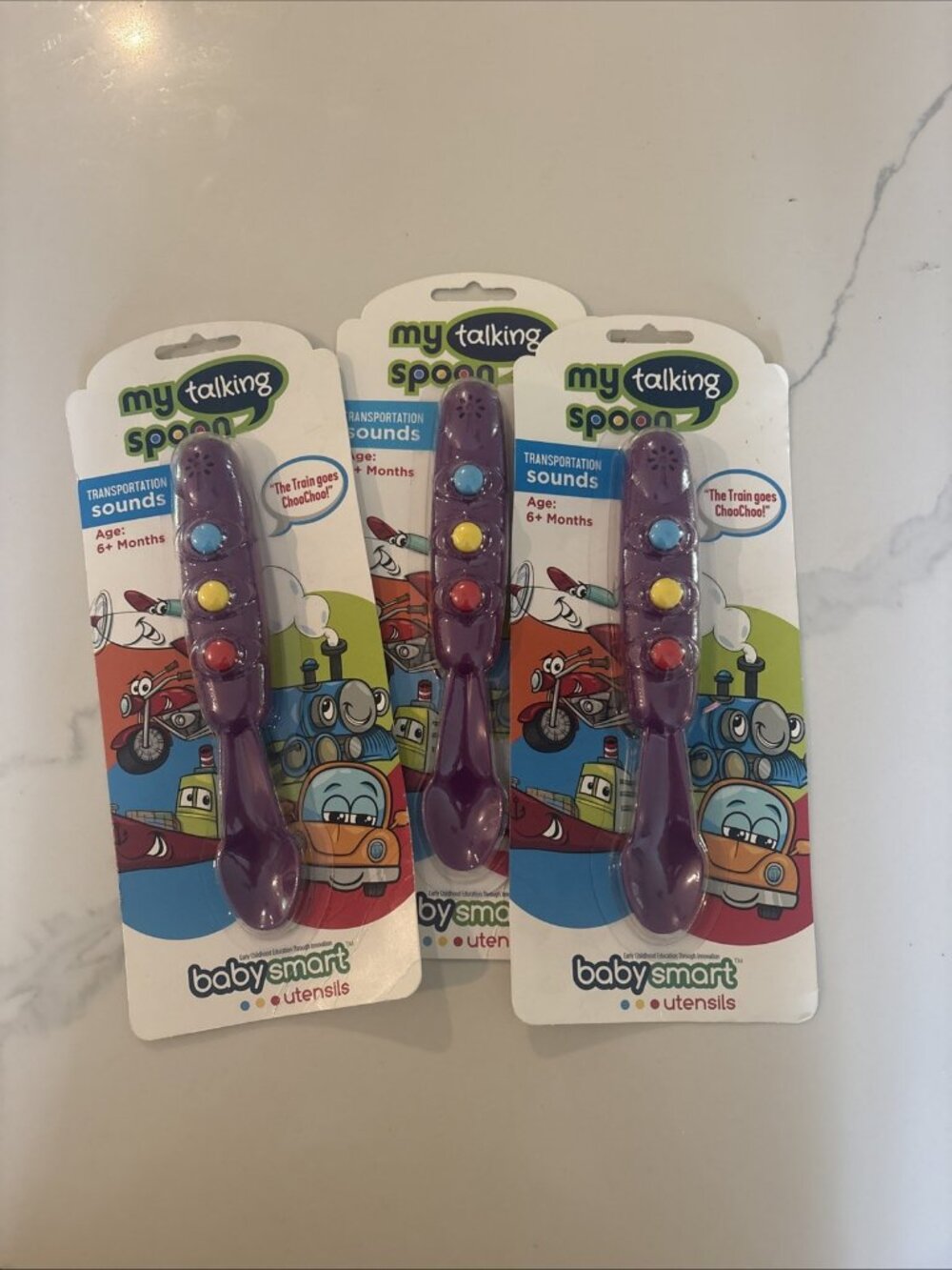 Lot of 3 BabySmart My Talking Spoon Transportation Sounds Learning Utensil 6m+